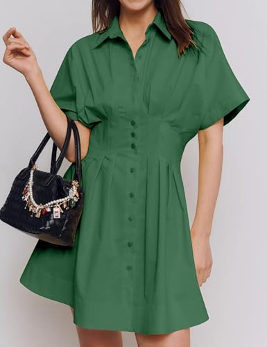 Image of Burtell Summer Button Down Pleated Shirt Dress for Women Striped Print V Neck Short Sleeve Mini Dress Casual Corset Dresses