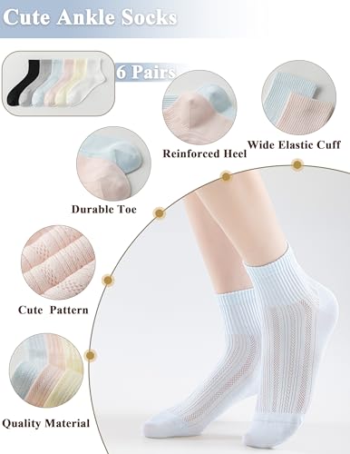 Women's Ankle Socks,Wide Elastic Cuff,Openwork Design,Cute Cool Summer Socks with Mesh for Girls,6 Pack2