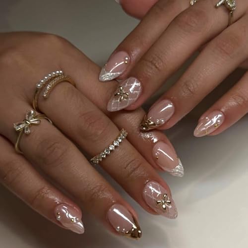 24Pcs French Press on Nails Short Almond Fake Nails with 3D Bow Pearl Design Pink Glitter French Tip False Nails Cute Press on Nail Tips Shiny Plaid Full Cover Acrylic Stick on Nail for Women