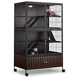 60" Large Metal Ferret Cage, 3-Level Chinchilla Cagewith Wheels, Multi-Level Small Animal Habitat for Chinchilla/Guinea Pig/Rats, Lockable Doors, Ramps, Hammock & Storage Cabinet (Black)