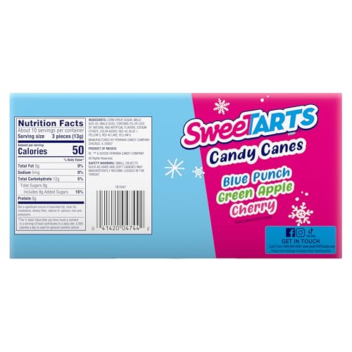 SweeTarts Mini Holiday Candy Canes, Christmas Candy, Stocking Stuffers for Kids, 4.8 oz Box