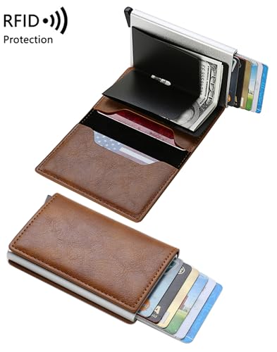 Skylinewears Men’s Ultra Metal RFID Blocking Real Carbon Fiber Pop up Card Wallet Minimalist Aluminium Credit Debit Card Money Holder Brown3