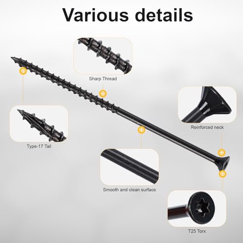 Image of Wood Screws #10 x 5'', T25 Star Torx Drive Flat Head Deck Screws, Black, 42Pcs (1lb)