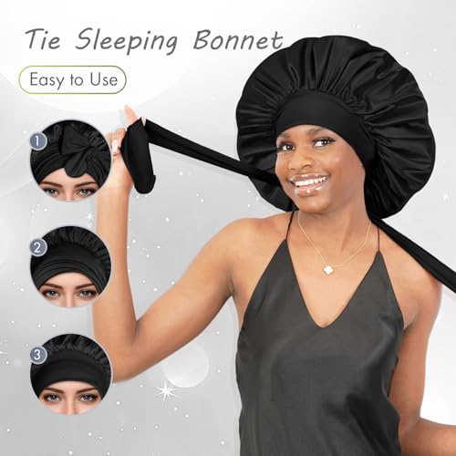 BONNET QUEEN Silk Bonnet for Sleeping Satin Bonnet Hair Bonnets Large Bonnets Hair Wrap Sleep Cap with Tie Band for Women Curly Hair Braids Locs Black