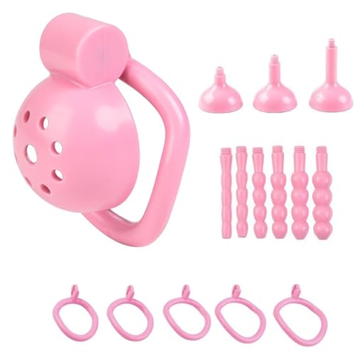 Image of Male Chastity Device Tease Locked Cock Cage Penis Exercise for Men consisting of 5 Rings and 3 Pads (Pink)