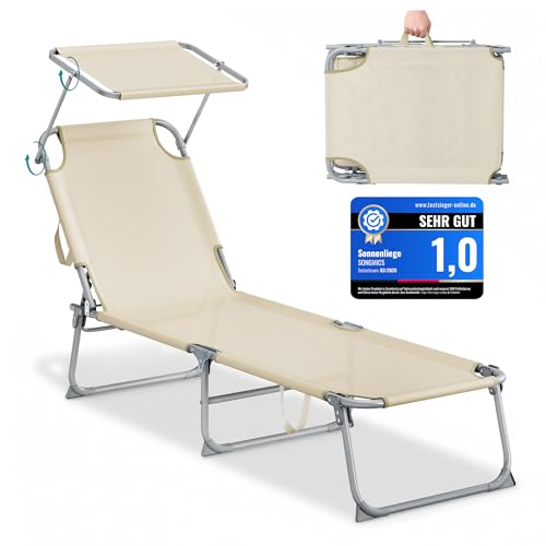SONGMICS Sonnenliege klappbar, 189 x 53 x 28,5 cm, Gartenliege, belastbar bis 110 kg, verstellbare Sonnenblende und Rückenlehne, Liegestuhl, für Terrasse, Balkon, beige GCB194WZ02