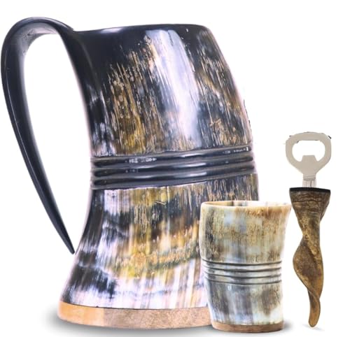 Spiritual Gifts Ox Horn Mug, Shot Glass & Bottle Opener 3-Piece Set Viking Drinking Set Handmade Ale, Mead & Beer Tankard with Handle Natural Finish Polished Thor’s Hammer Design