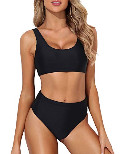 Tempt Me Women Black Two Piece Scoop Neck Bikini Crop Top High Cut Swimsuit Sporty High Waisted Bathing Suit With Bottoms Suit L #TOP4