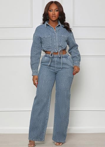 NIFTRIRY 2 Piece Outfits for Women Button Up Denim Jacket Wide Leg Pants Denim Set Going Outfits for Women 20252