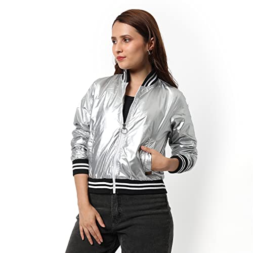 Image of PINACOLADA Women Silver Puffer Regular Fit Bomber Jacket For Winter Wear | Low-Cut Standing Collar | Full Sleeve | Zipper | Casual Jacket For Woman & Girl | Western Stylish Jacket For Women