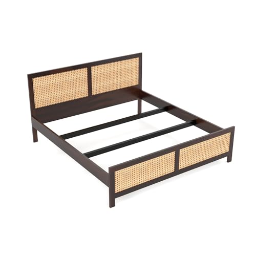 Image of Sheesham Wood Cane Bed Without Storage for Bedroom | King Size Wooden Double Bed Palang with Rattan Headboard & Footboard (Walnut Finish)