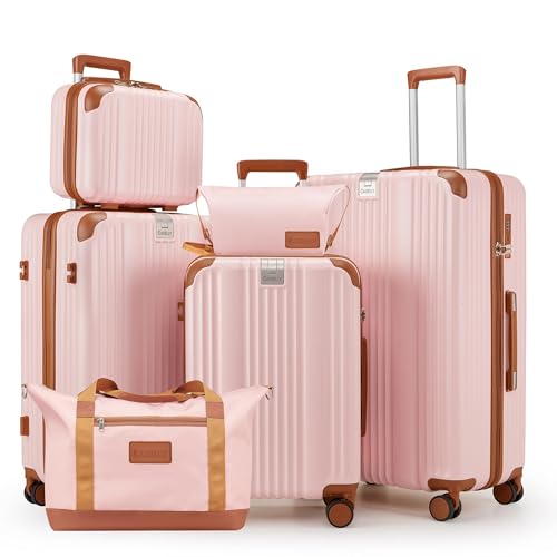 Image of Luggage Set 6 Piece Luggage with PC+ABS Hardshell TSA Lock Spinner Wheels Carry on Lightweight Suitcase Cup Holder,YKK Zippers and Hoot(Pink, 6 piece sets(14 /20 /24 /28 /DB /TB))