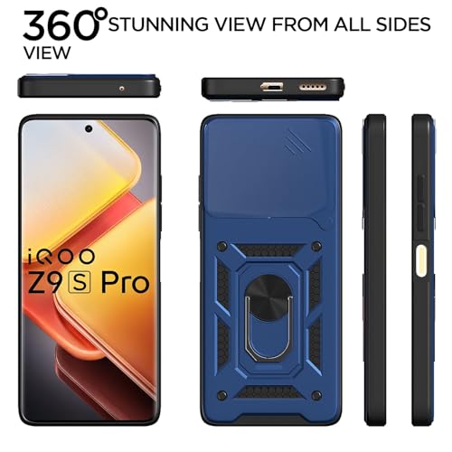 Image of Pikkme D10 Tough Armor Bumper Case | 360 Protection Case | Sliding Camera Shield Cover & Ring Holder Stand Back Cover for Vivo T3 Pro 5G / iQOO Z9s Pro 5G (Blue)