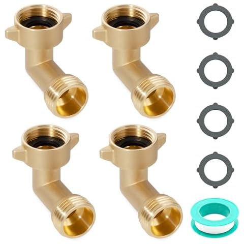 VANCOCO 90 Degree Garden Hose Elbow 4-Pack - 3/4" Heavy Duty Hose Bib Extender Solid Brass with Leak-Proof Washers for RV/Car Wash Cover