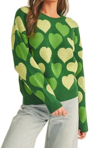 Image of Women Heart Print Knit Pullover Sweater Long Sleeve Round Neck Love Pattern Sweaters Trendy Valentine Knitted Sweater