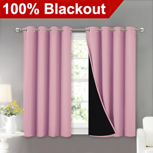Image of NICETOWN 100% Blackout Curtains with Black Liners, Thermal Insulated Full Blackout 2-Layer Lined Curtains, Energy Efficiency Window Draperies for Dining Room (Crystal Pink, 2 Panels, 52 inch W by 45 inch L)