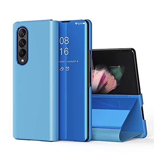 SCRENDY Mirror Flip Case for Samsung Galaxy Z Fold3 5G, Luxury Translucent View Window Front Cover, Full Body Protective Case with Stand Function, Blue