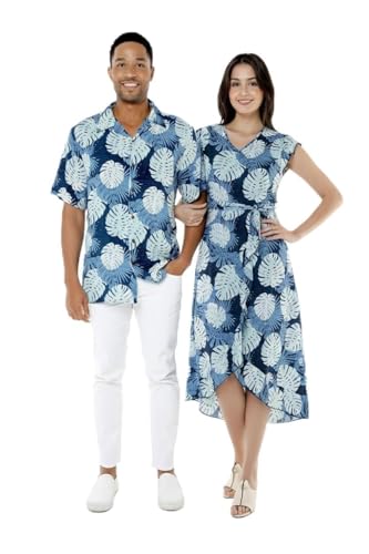 Image of Matchable Couple Hawaiian Shirt or Wrap Dress Signature Prints Rafelsia | Sold Individually; Soft Rayon Fabric; Lightweight Comfort; Signature Tropical Prints; Vacation Ready