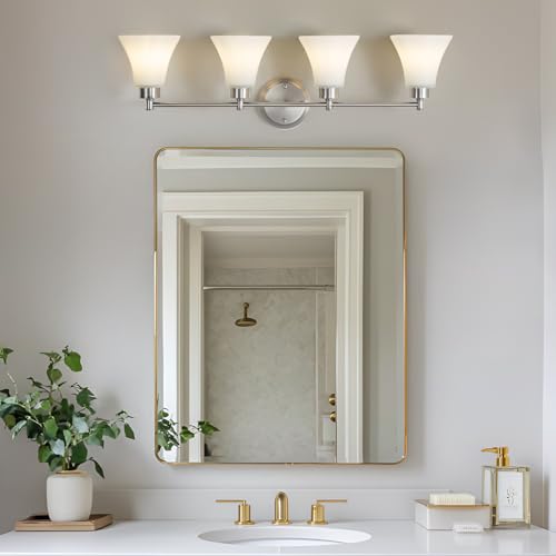 Image of LOUSACE 4 Light Bathroom Vanity Light Brushed Nickel Bathroom Lighting Fixtures Over Mirror with Opal White Frosted Glass, Vintage Traditional Wall Lighting Fixture Satin Nickel Vanity Lights