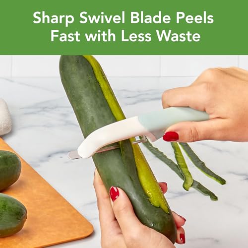 Image of Tovolo Vegetable Peeler with Ultra Sharp Stainless Steel Swivel Blade Non Slip Handle, Multi Functional Dishwasher Safe Kitchen Wide Ribbon Potato Peeler for Fruit Veggies Carrots Apples, Blue Haze