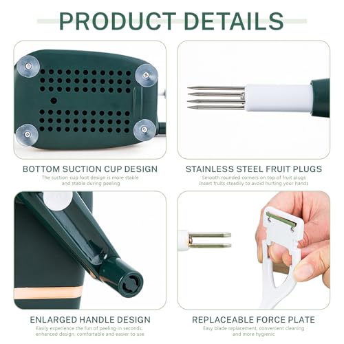Manual Hand Crank Apple Peeler, Corer and Slicer – Suction Non Slip Counter Grips - Stainless Steel Blades – Peels, Cores and Cuts in Seconds for Home Kitchen Quick Applesauce Pie Making (dark green)