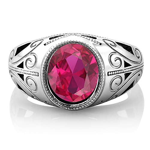 Gem Stone King Men's 925 Sterling Silver Oval Red Created Ruby Ring (6.40 Cttw, Available In Size 7,8,9,10,11,12,13)