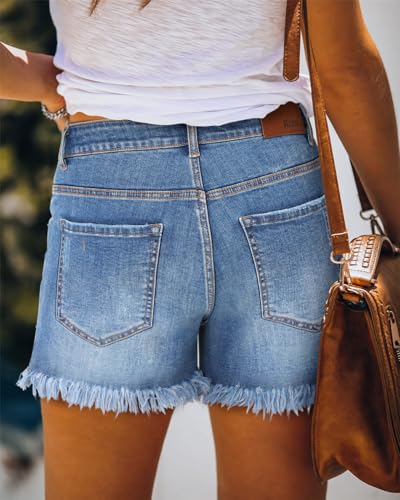 Image of onlypuff Womens Jean Short Cut Off Denim Shorts High Waist Ripped Distressed Stretchy