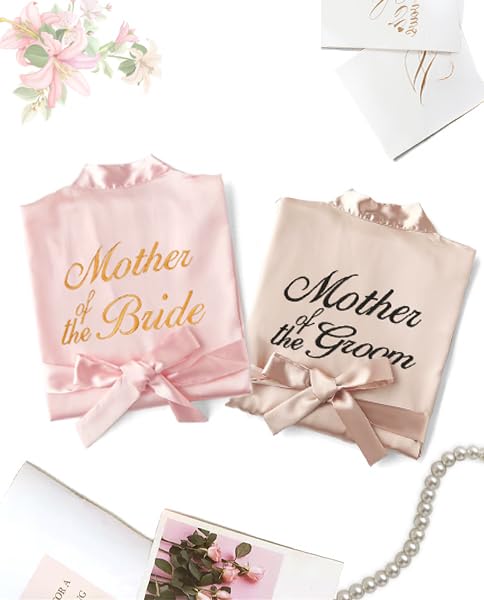 Image of Crystal Dew 2 Pcs Mother of the Bride Groom Robe with Lace Trim Embroidery Bridal Satin Kimono Robes for Wedding Day