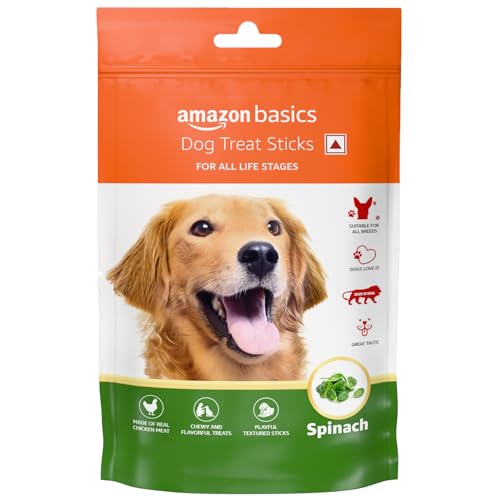 Image of Amazon Basics Dog Treat Sticks 140 gm, Chewy Meat Sticks for Adult Dogs and Puppies, High Protein Dog Treats for Training and Snacks, Made of Real Chicken Meat, Ziplock Pack, Spinach Flavor