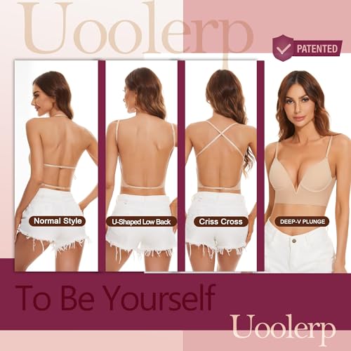 Uoolerp Women Low Back Bras-Invisible Backless Bra-Seamless Secret Plunge Bra No Show Bra Multiway Low-Cut Deep-V Halter Bra thumb #1
