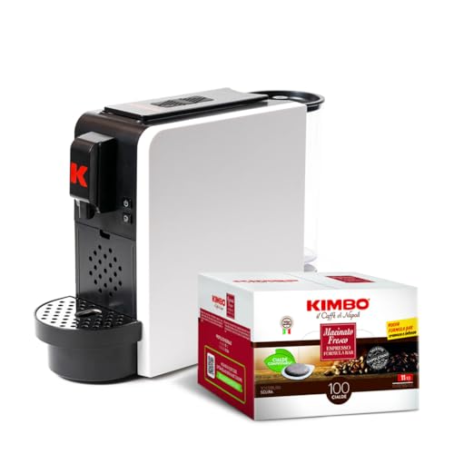 Kimbo Up! Nuova Macchina da Caffè Espresso a Cialde, 20 Bar, Compatta, Design Elegante, Serbatoio 850 ml, Colore Bianco, Espulsione Automatica della Cialda, Include 100 Cialde Macinato Fresco
