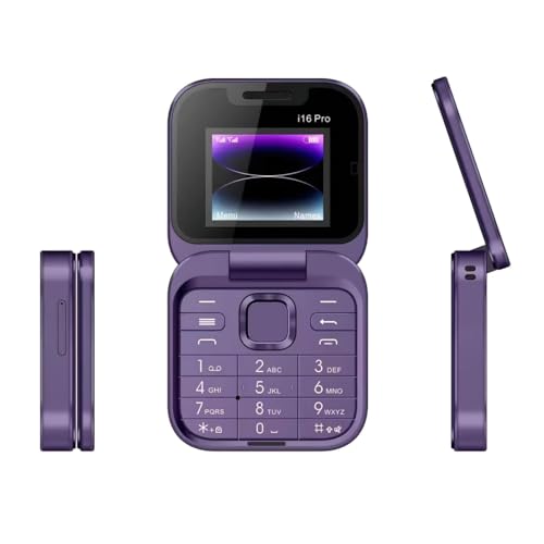 SoirFanTlio I16 Pro Mini Flip Phone, 1.77 Inch HD Display, Dual SIM 2G GSM, Foldable Design with Big Buttons, FM Radio, 32MB RAM, Multiple Colors Available, for Seniors (Purple)