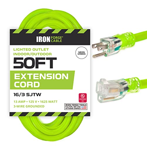Iron Forge Cable Weatherproof 50 Ft Outdoor Extension Cord - 16/3 SJTW 13 Amp Heavy Duty Neon Green High Visibility Cable with 3 Prong - Lighted End