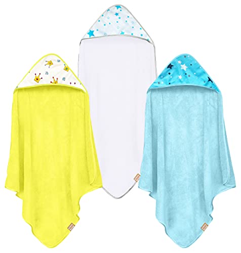 Image of CORAL DOCK 3 Pack Baby Hooded Bath Towel Sets, Ultra Absorbent Baby Essentials Item for Newborn Boy Girl, Baby Bath Shower Towel Gifts for Infant and Toddler - Blue Star Crown