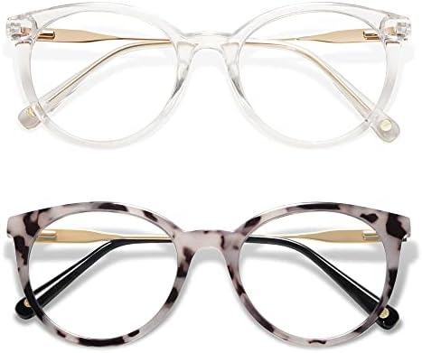 AMOMOMA Retro Round Reading Glasses for Women Cute Stylish Blue Light Blocking Readers AM6055, Clear/Gold&Grey Tortoise/Gold 3.00x