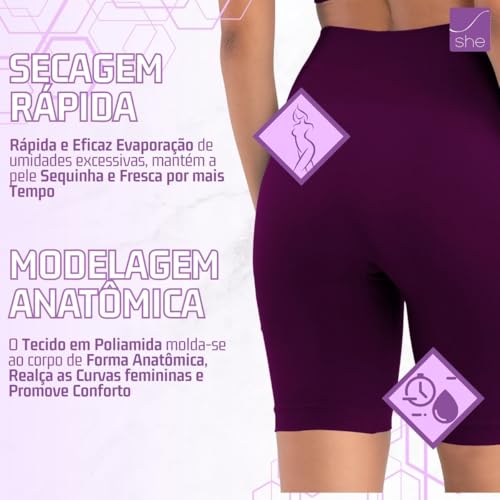 SHE BY MASH Bermuda Fitness sem Costura Cintura Alta Zero Transparência Feminina Adulto, Beringela,