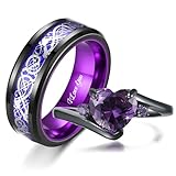 Personalized Engagement Rings Set Engraved Names Promise Rings for Couple Matching Wedding Rings Set for Him and Her Blue and Black Tungsten Rings for Men Women Purple Heart Birthstone Ring (Couple Ring)