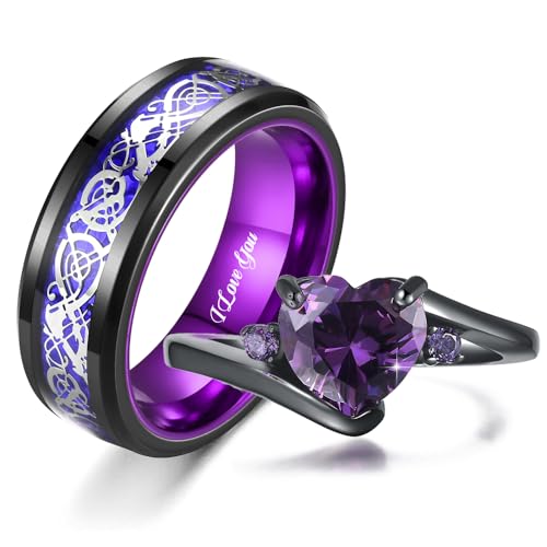 Personalized Engagement Rings Set Engraved Names Promise Rings for Couple Matching Wedding Rings Set for Him and Her Blue and Black Tungsten Rings for Men Women Purple Heart Birthstone Ring