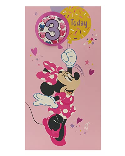 UK Greetings Disney Carte d'anniversaire 3 ans pour elle/fille avec enveloppe – Motif badge – avec Minnie Mouse, 121 mm x 229 mm