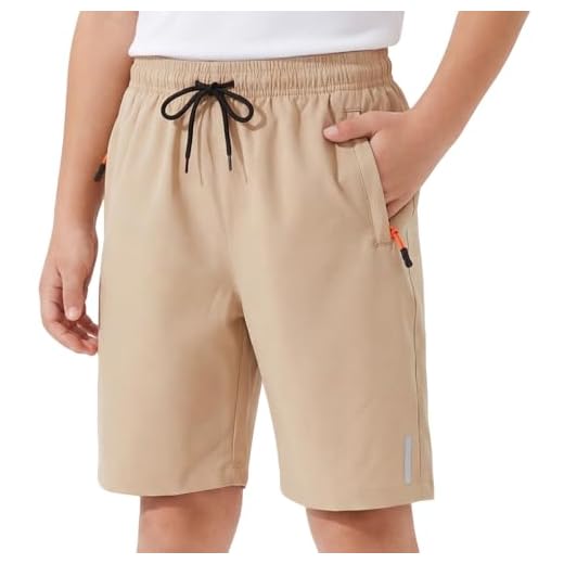 Hoseay Shorts Garçons, Séchage Rapide Short de Sport avec Bandes Réfléchissantes, Ceinture Élastique Shorts Athlétiques Cordon de Serrage, Vêtements École pour Enfants 12-13 Ans, Kaki