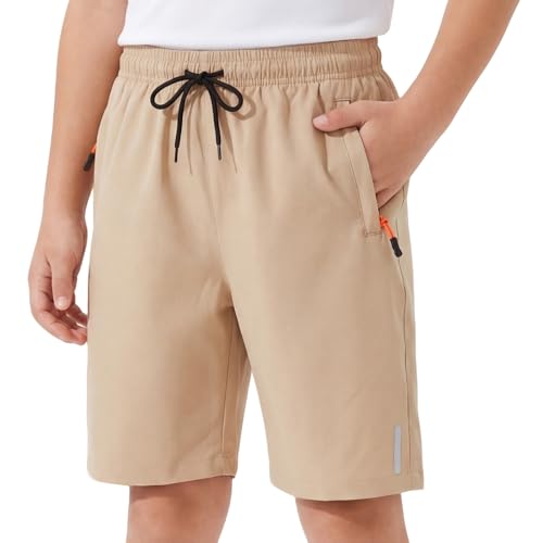 Hoseay Shorts Niños Secado Rápido Pantalones Cortos de Deporte 11-12, Caqui