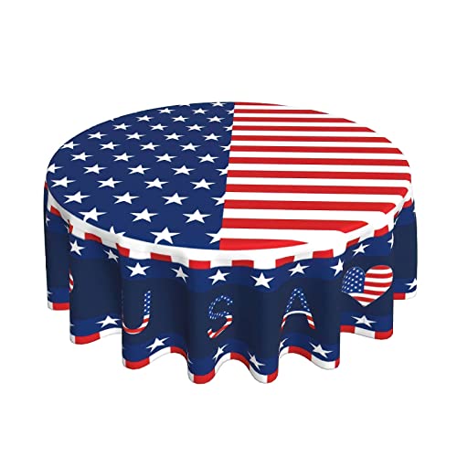 Fourth Of July Tablecloth Round 60 Inch Patriotic Red White Blue Stars Table Cloth American Flag Heart Tablecloths Washable Polyester Table Cover For Veterans Independence Memorial Day Kitchen Party #TOP14