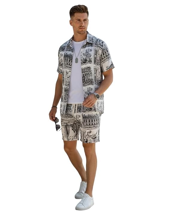 coollinen Men’s Cotton Printed Co-Ord Set | Floral Print Short Sleeve Shirt with Drawstring Shorts | Casual Summer Wear, Beach & Vacation Outfit for Men-picture-25
