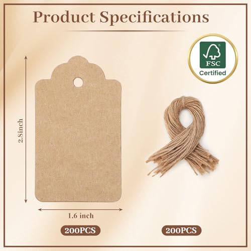 Image of SallyFashion 200pcs Kraft Paper Gift Tags with Free 200 Root Natural Jute Twine(Water Ripple)
