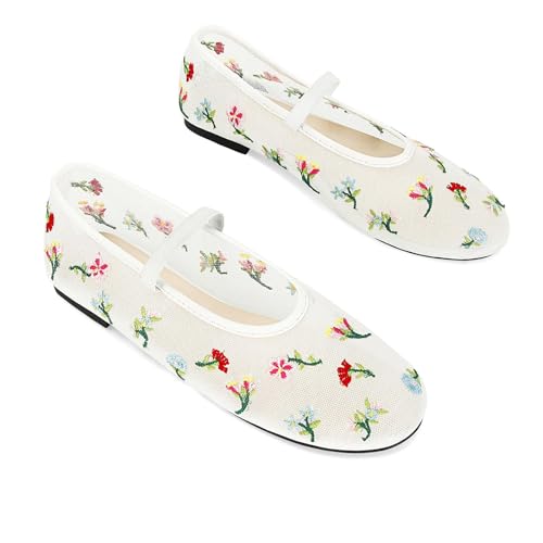 Image of Mesh Ballet Flats for Women Embroidered Floral Mary Jane Flats Comfortable Casual Daily Dress Ballerina Shoes