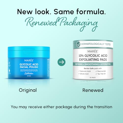 Image of MAREE Glycolic Acid Resurfacing Pads - Toner Pads for Face Cleansing - Exfoliating Pad with Tea Tree Oil, Salicylic Acid & Vitamins E, B3, B5 - Acne Treatment Device for Pore Resurfacing - 50 Count