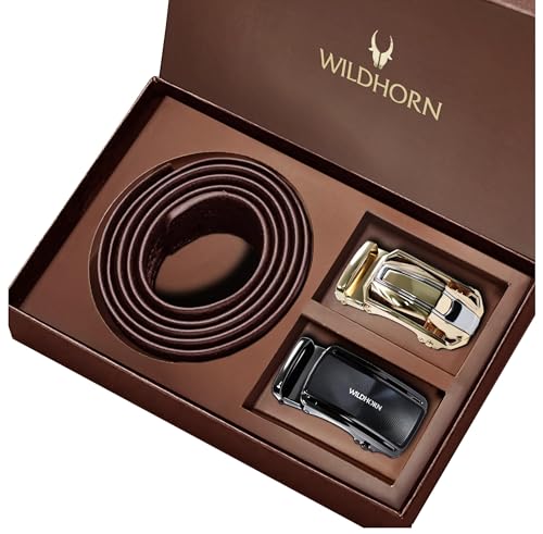 Image of WildHorn Men's Leather Belt Gift Set | Genuine Leather belt Strap with 2 Interchangeable Buckles | Formal & Casual Wear Adjustable Belt | Automatic lock leather belt for men