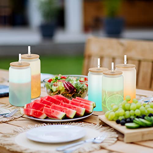 12 Pack Sublimation Glass Blanks 16Oz Sublimation Color Changing Glass Cups Frosted Beer Can Tumbler Glass Wide Mouth Mason Jar Mug With Lids And Straws For Juice Iced Coffee Drinks (Gradient) #TOP6