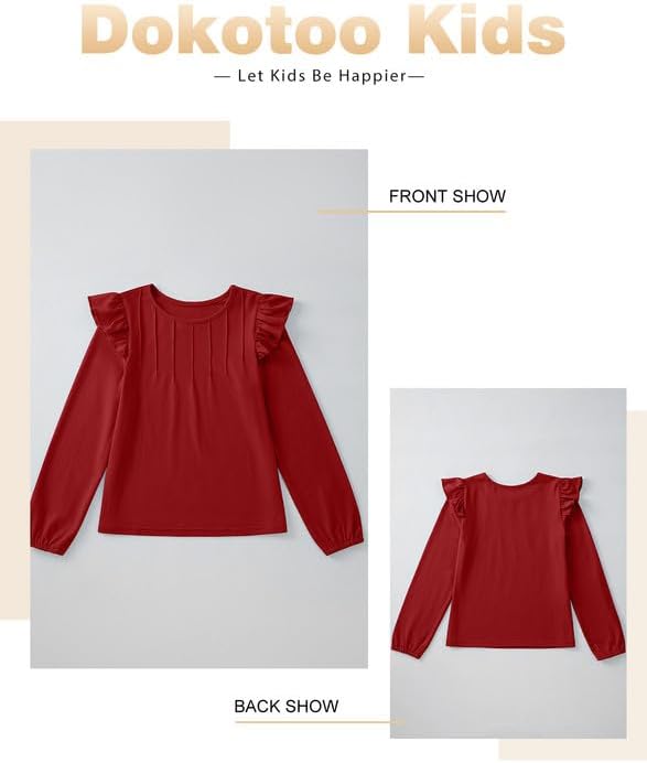 Girls Long Sleeve Shirts Casual Ruffle Trim Crewneck Blouse Tops 6-15 Years - Image 5