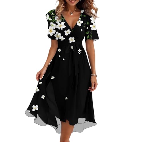 Image of Womens Summer Dresses Short Sleeve Midi Dress Watercolour Floral Border Print Wrap Front Tie Waist Flowy Summer Dress for Party Beach Holiday Picnic Wedding Guest 01-Black XXL